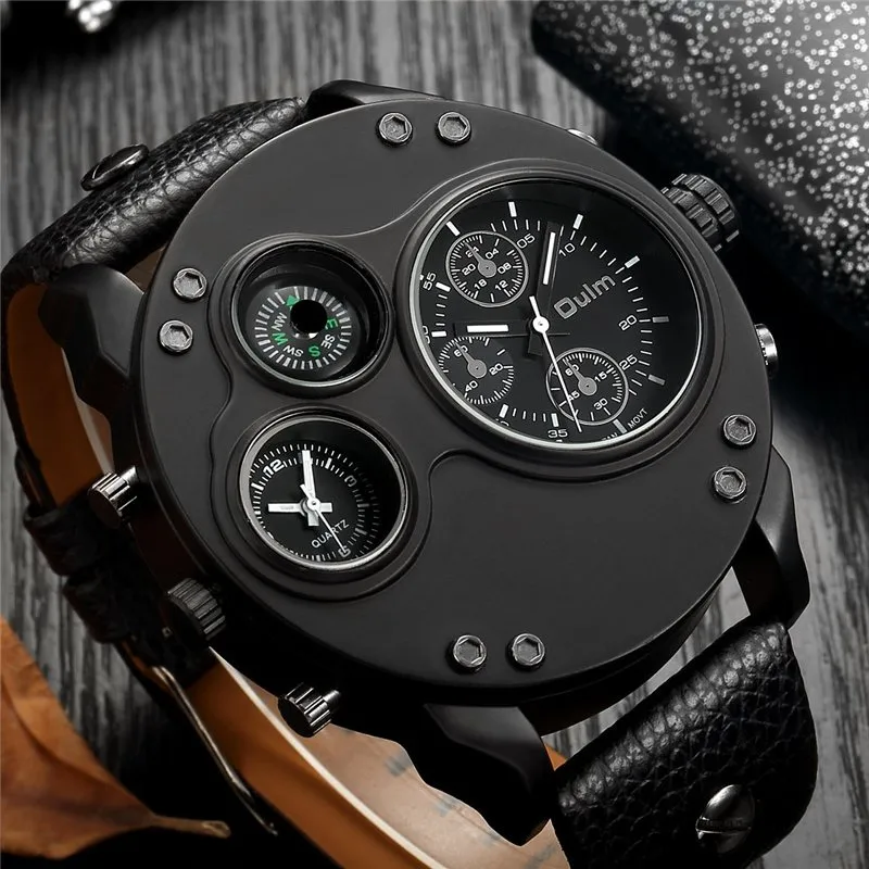 BLACK LEATHER DOUBLE TIMEZONE QUARTZ WATCHES | Stylish dual-time elegance
