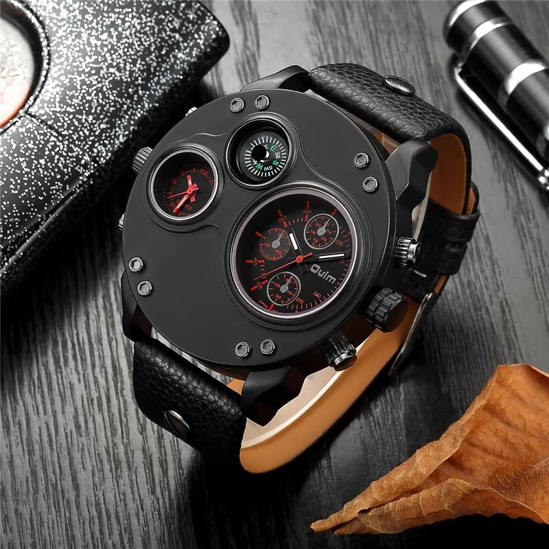 BLACK LEATHER DOUBLE TIMEZONE QUARTZ WATCHES | Stylish dual-time elegance