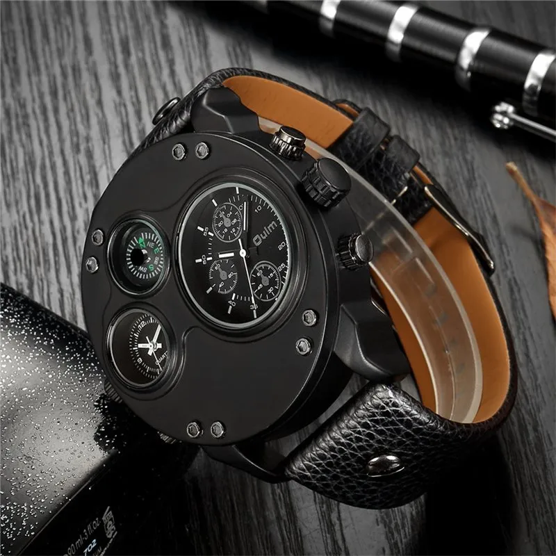 BLACK LEATHER DOUBLE TIMEZONE QUARTZ WATCHES | Stylish dual-time elegance