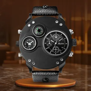 BLACK LEATHER DOUBLE TIMEZONE QUARTZ WATCHES | Stylish dual-time elegance