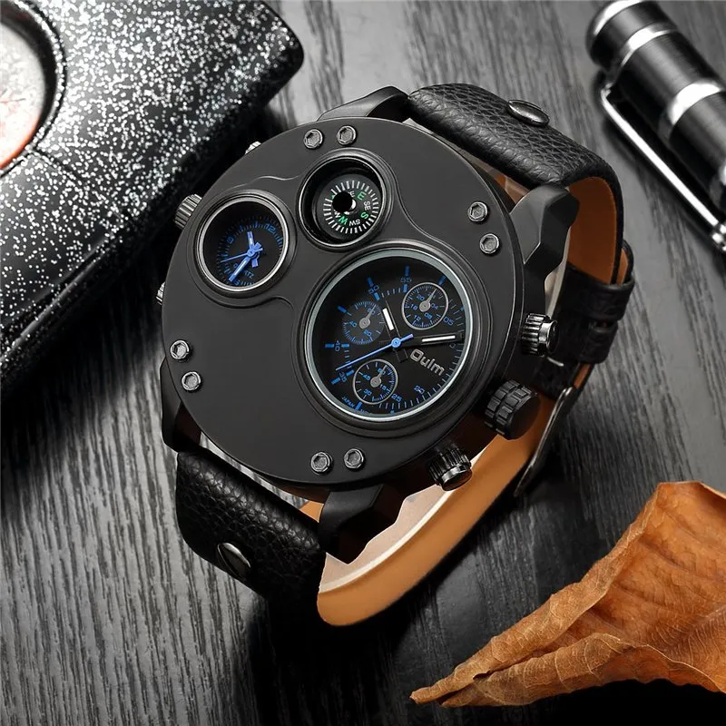 BLACK LEATHER DOUBLE TIMEZONE QUARTZ WATCHES | Stylish dual-time elegance