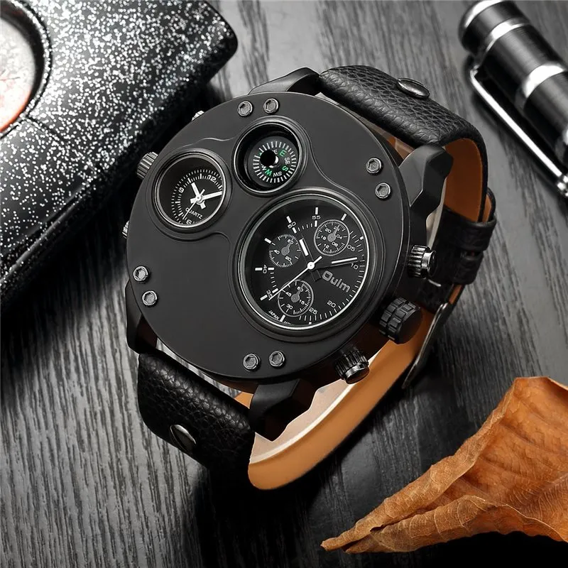 BLACK LEATHER DOUBLE TIMEZONE QUARTZ WATCHES | Stylish dual-time elegance
