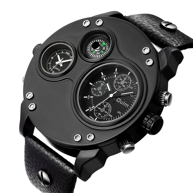 BLACK LEATHER DOUBLE TIMEZONE QUARTZ WATCHES | Stylish dual-time elegance