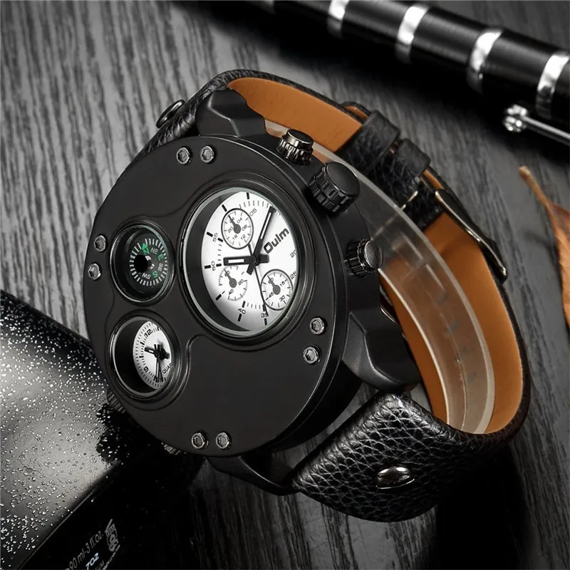 BLACK LEATHER DOUBLE TIMEZONE QUARTZ WATCHES | Stylish dual-time elegance