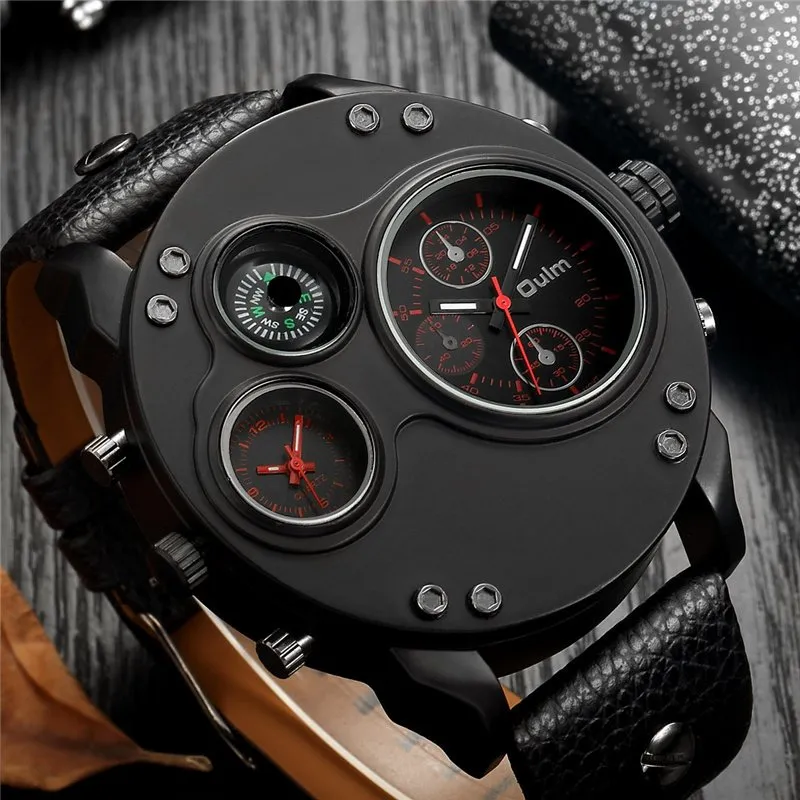 BLACK LEATHER DOUBLE TIMEZONE QUARTZ WATCHES | Stylish dual-time elegance