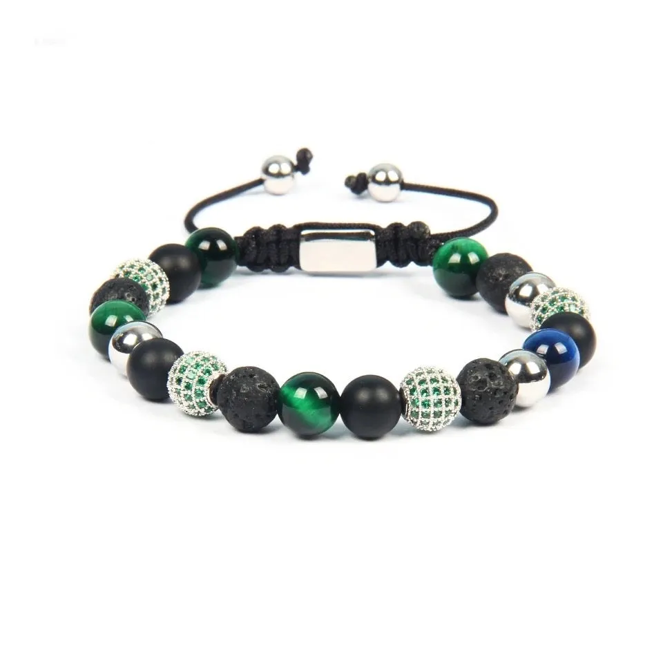 Black Onyx, Green Tiger Eye & Lava Beads Bracelet
