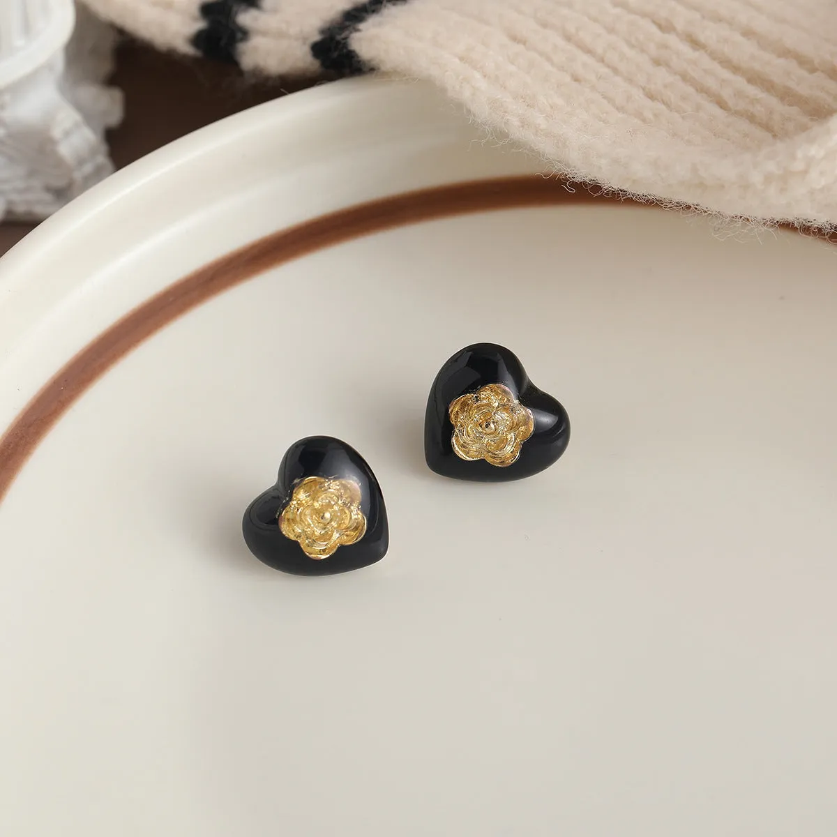 Black Resin & 18K Gold-Plated Flower Heart Stud Earrings