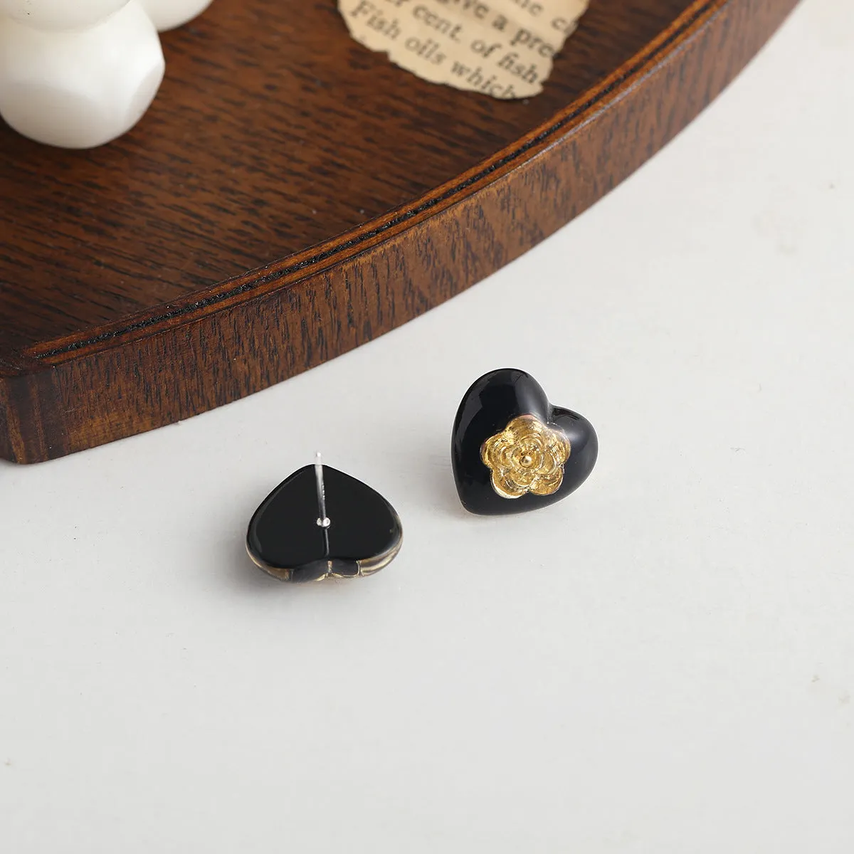 Black Resin & 18K Gold-Plated Flower Heart Stud Earrings
