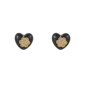 Black Resin & 18K Gold-Plated Flower Heart Stud Earrings