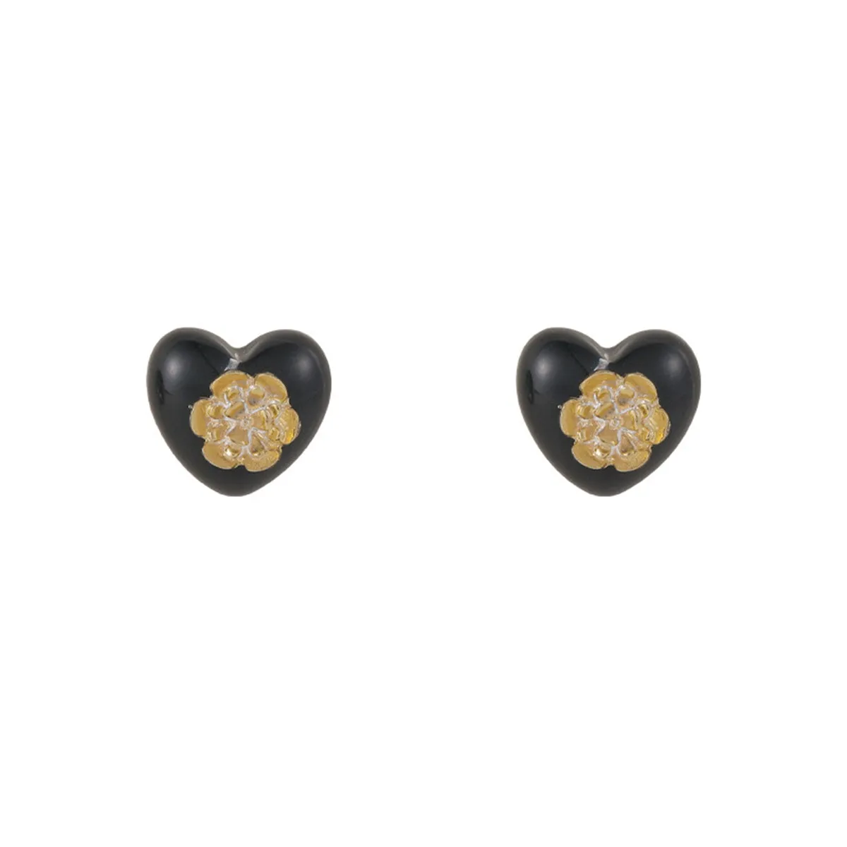 Black Resin & 18K Gold-Plated Flower Heart Stud Earrings