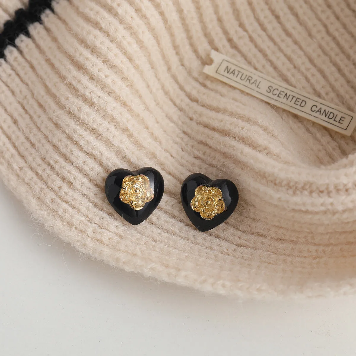 Black Resin & 18K Gold-Plated Flower Heart Stud Earrings