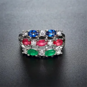 Blue & Green Crystal & Cubic Zirconia Tri-Band Ring