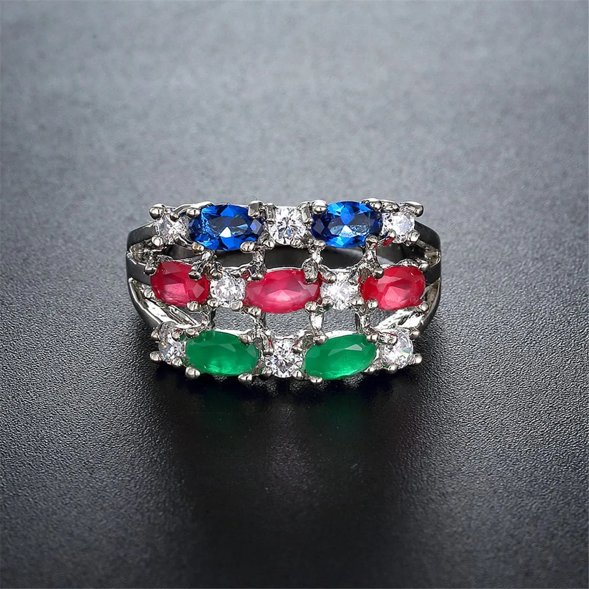 Blue & Green Crystal & Cubic Zirconia Tri-Band Ring