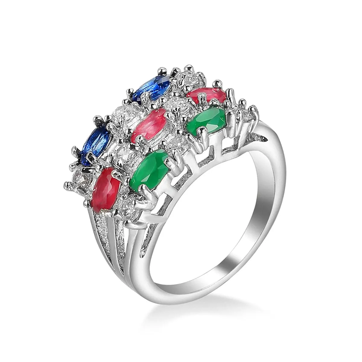Blue & Green Crystal & Cubic Zirconia Tri-Band Ring