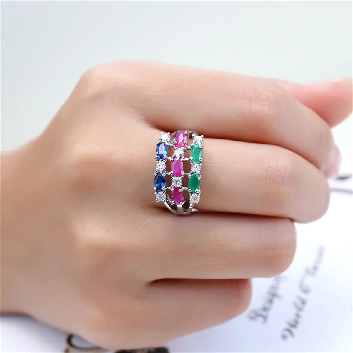 Blue & Green Crystal & Cubic Zirconia Tri-Band Ring
