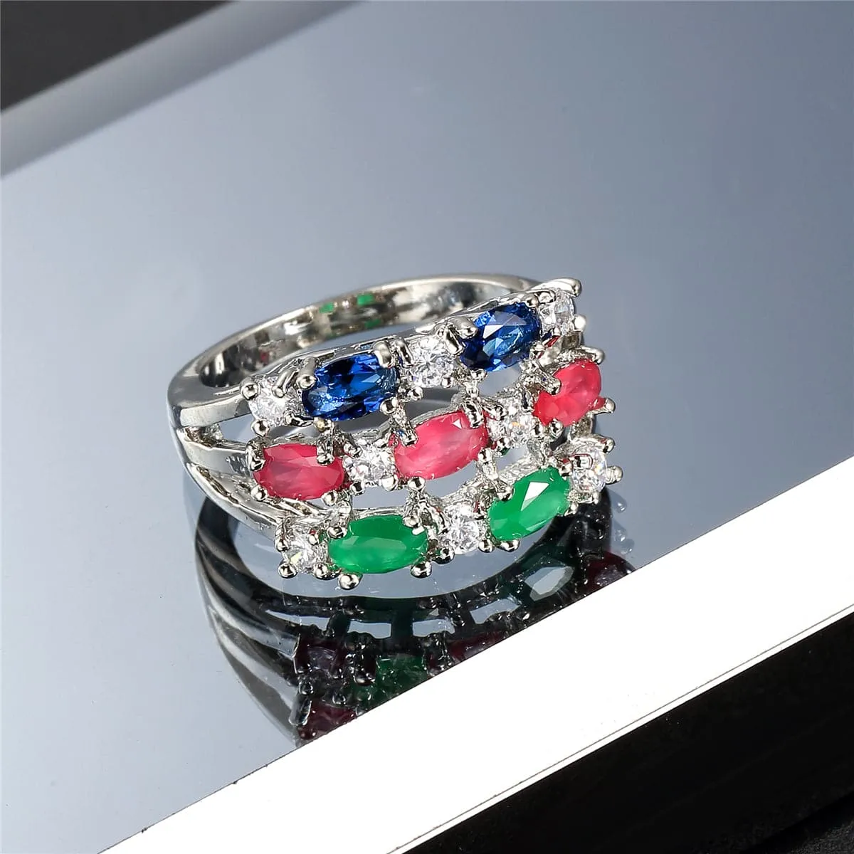 Blue & Green Crystal & Cubic Zirconia Tri-Band Ring