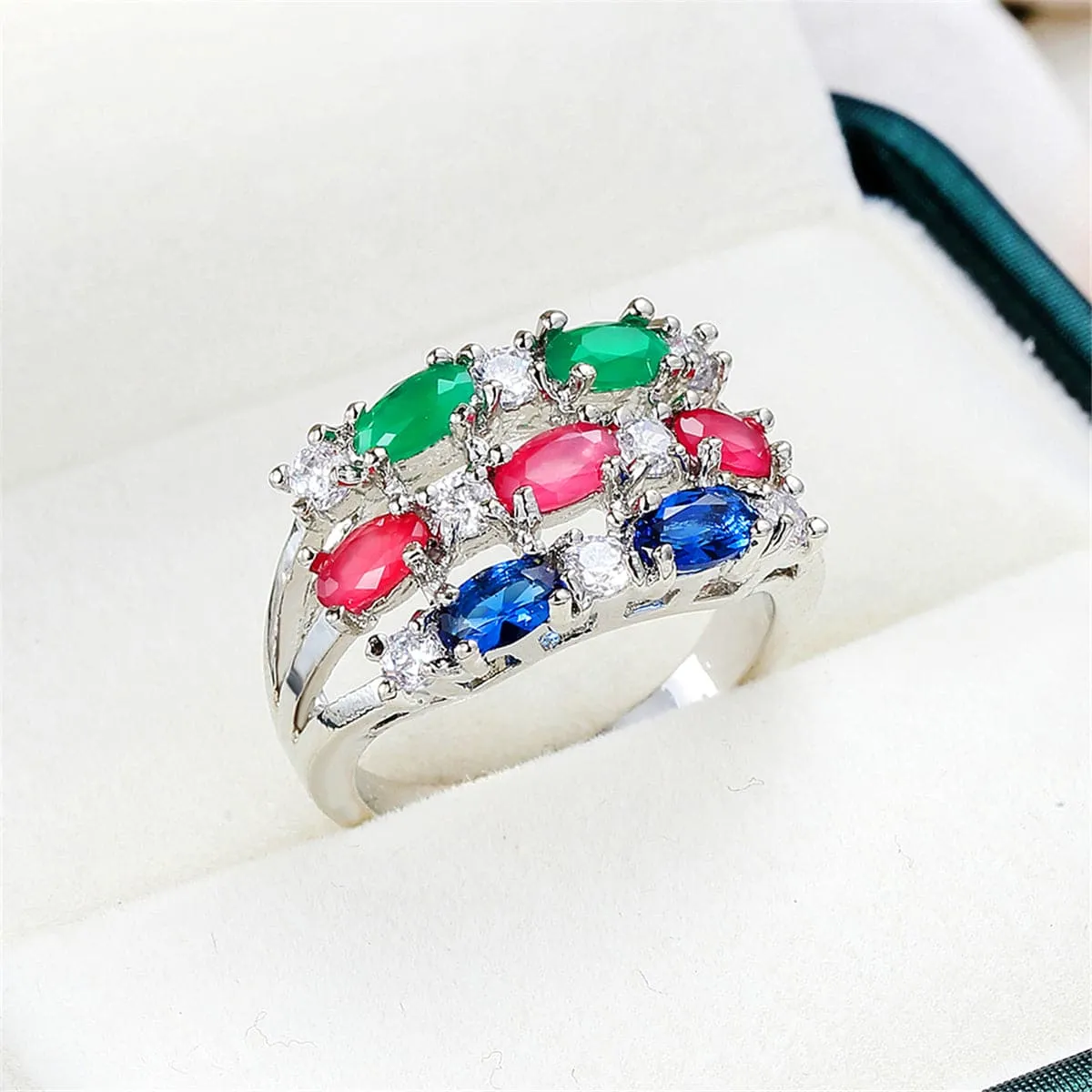 Blue & Green Crystal & Cubic Zirconia Tri-Band Ring