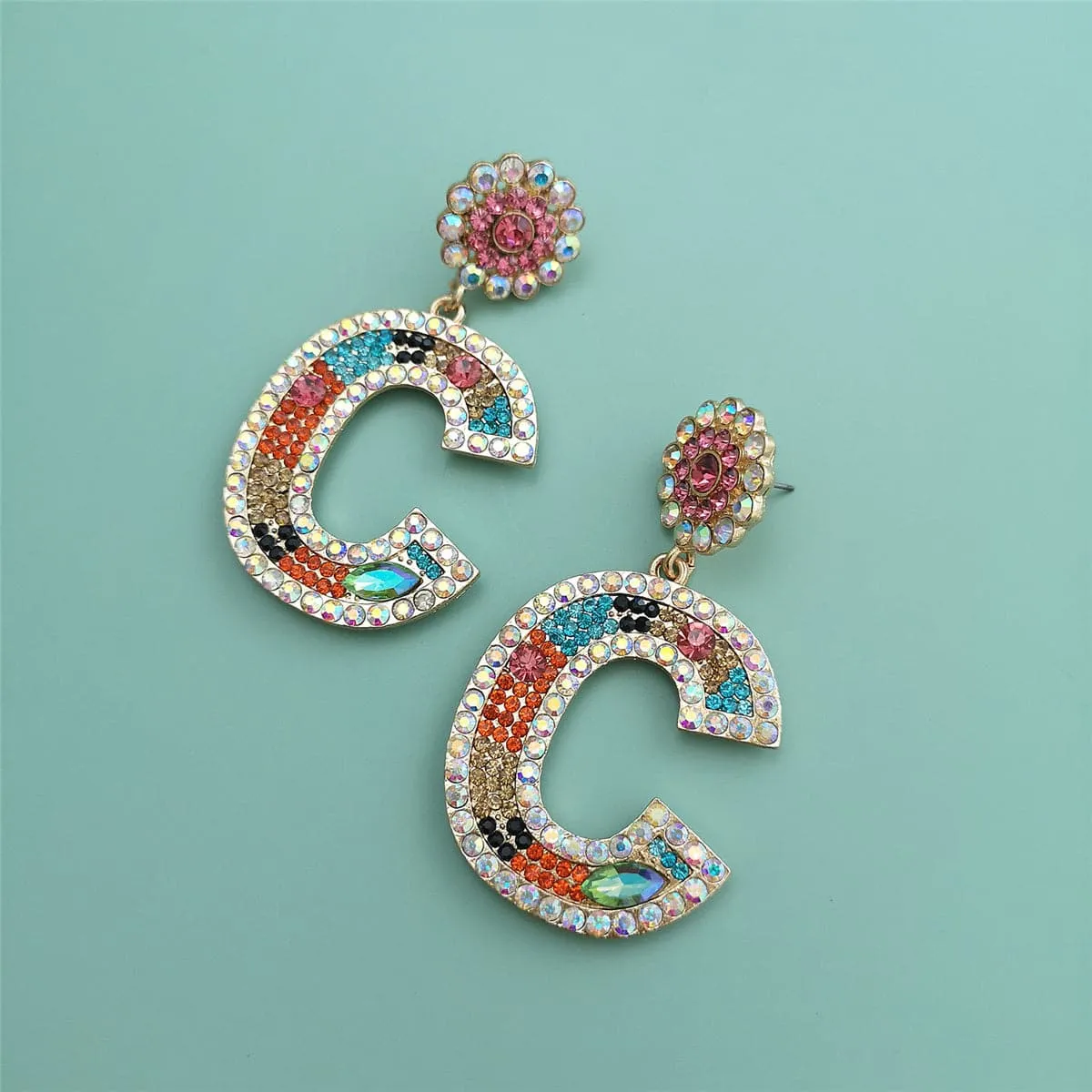 Blue & Pink Crystal & Cubic Zirconia 'C' Drop Earrings