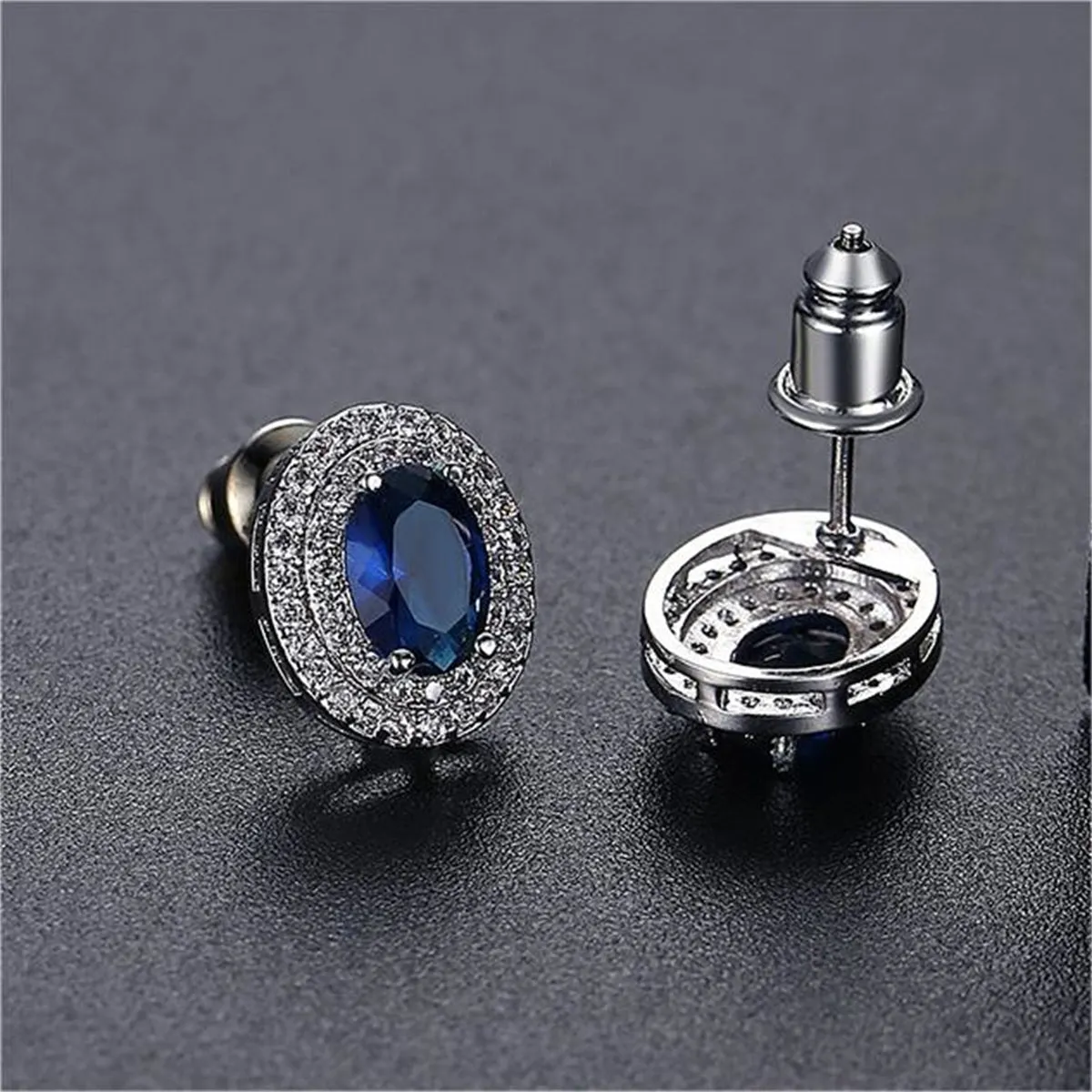 Blue Crystal & Cubic Zirconia Halo Oval Stud Earrings