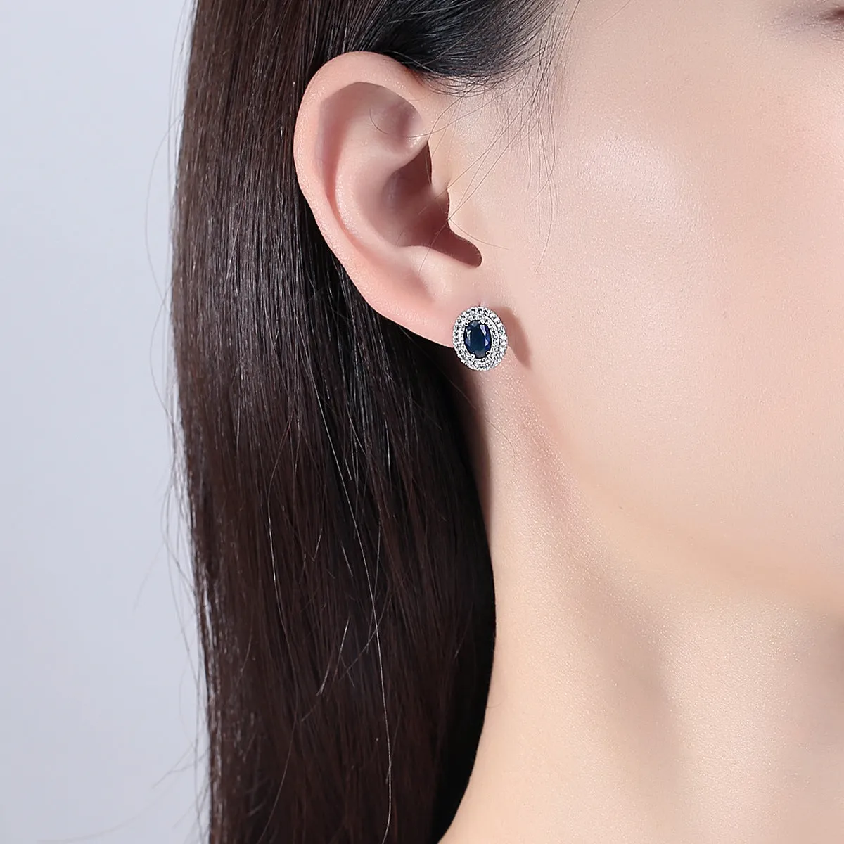 Blue Crystal & Cubic Zirconia Halo Oval Stud Earrings