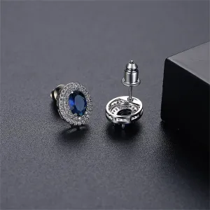 Blue Crystal & Cubic Zirconia Halo Oval Stud Earrings