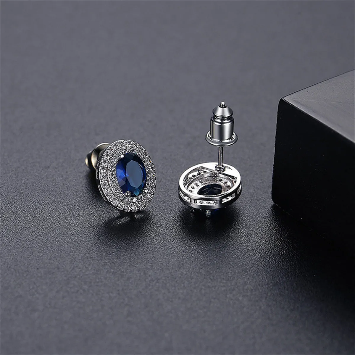 Blue Crystal & Cubic Zirconia Halo Oval Stud Earrings