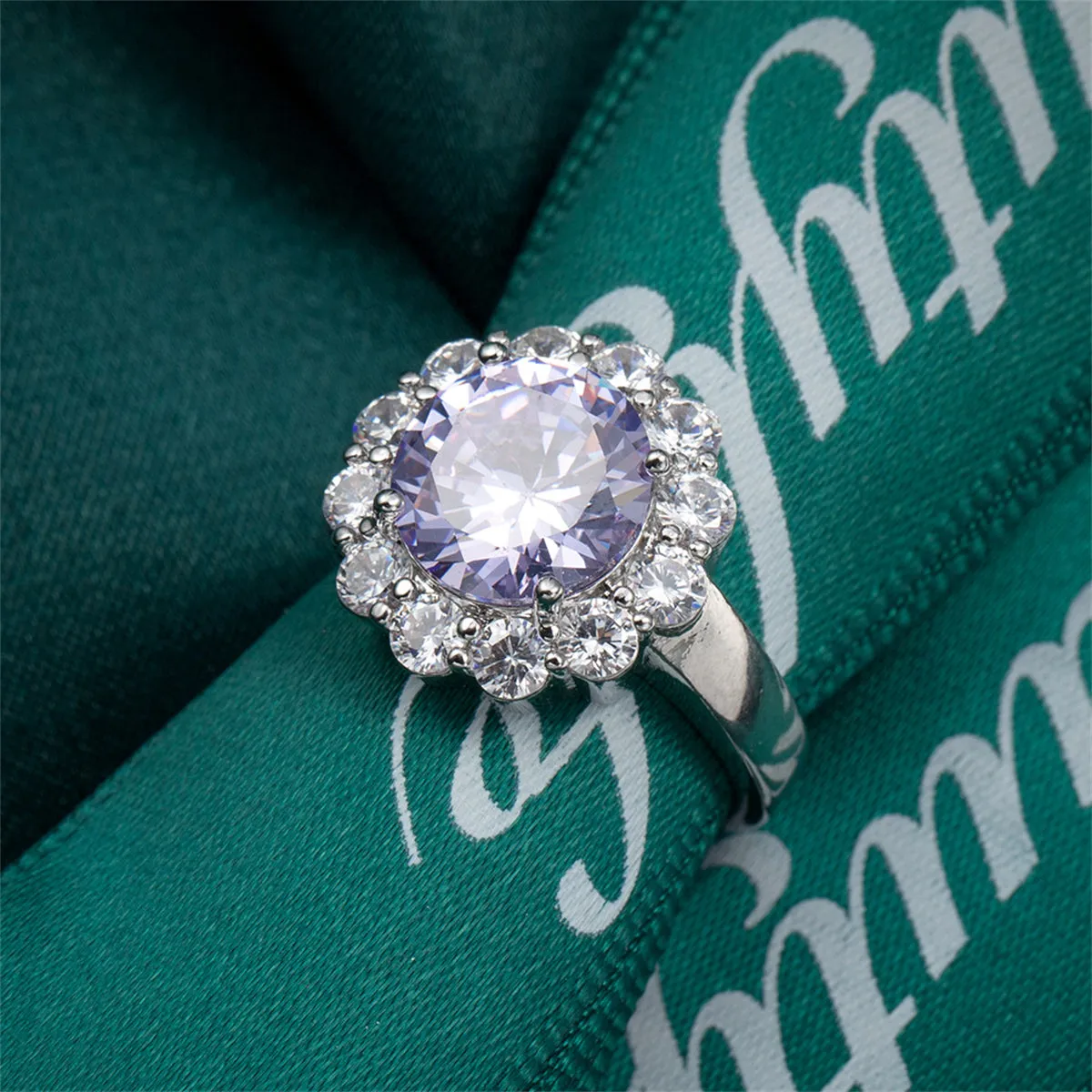 Blue Crystal & Cubic Zirconia Silver-Plated Halo Ring