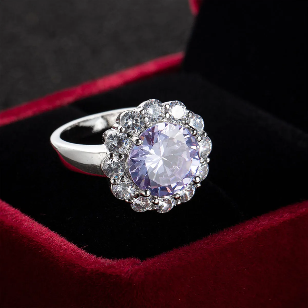 Blue Crystal & Cubic Zirconia Silver-Plated Halo Ring