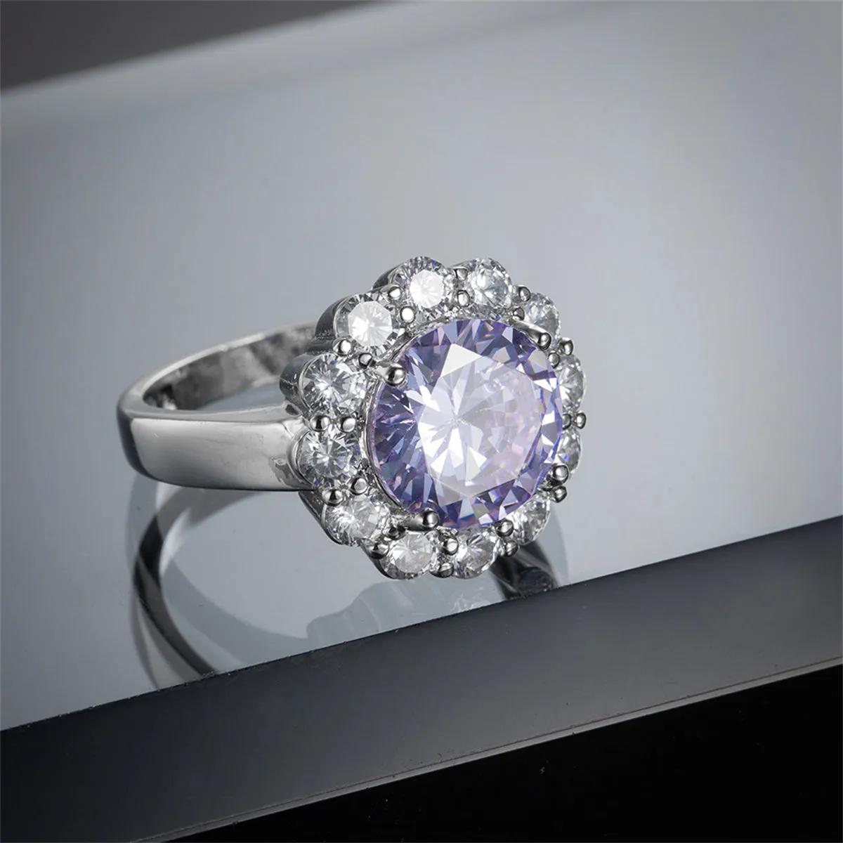 Blue Crystal & Cubic Zirconia Silver-Plated Halo Ring