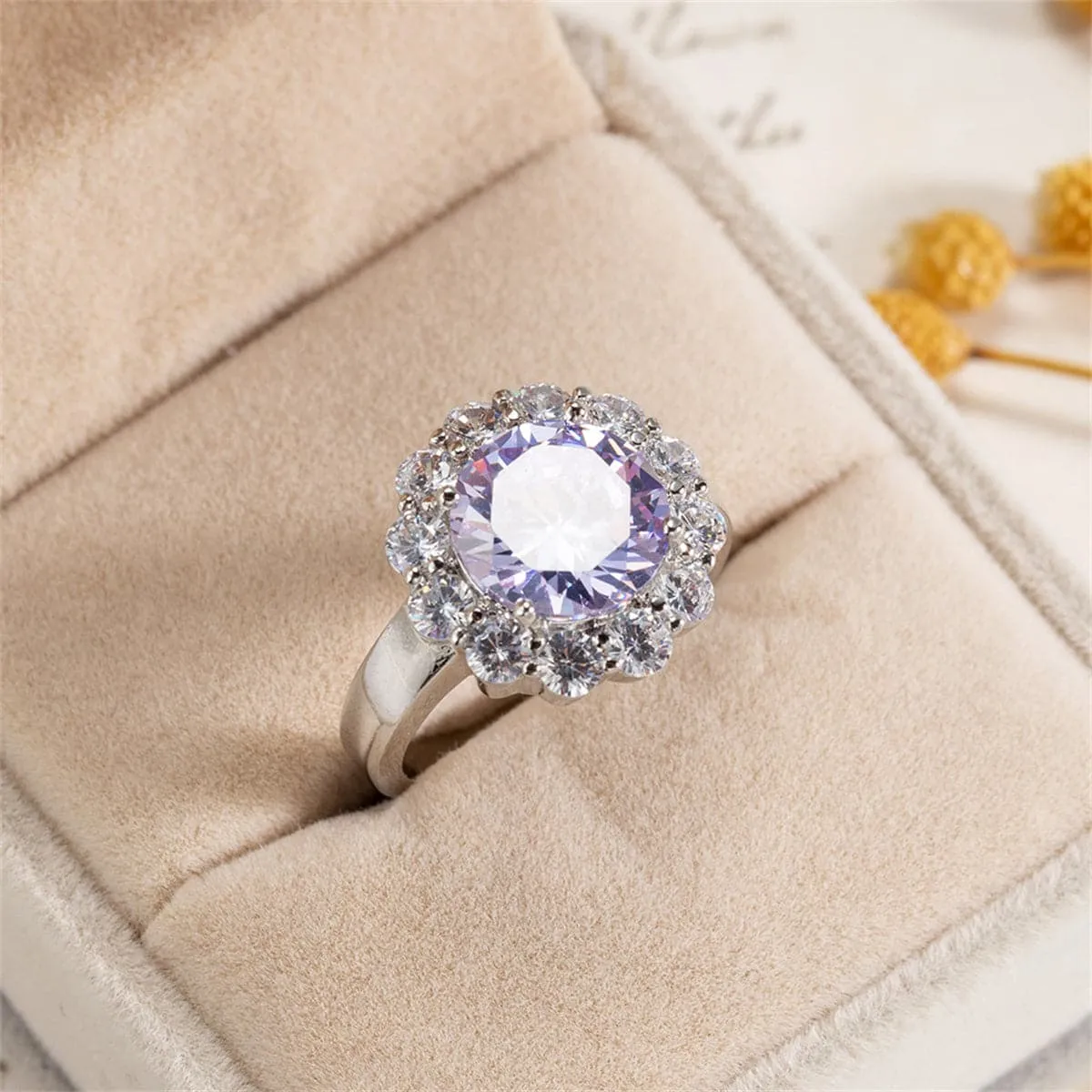 Blue Crystal & Cubic Zirconia Silver-Plated Halo Ring