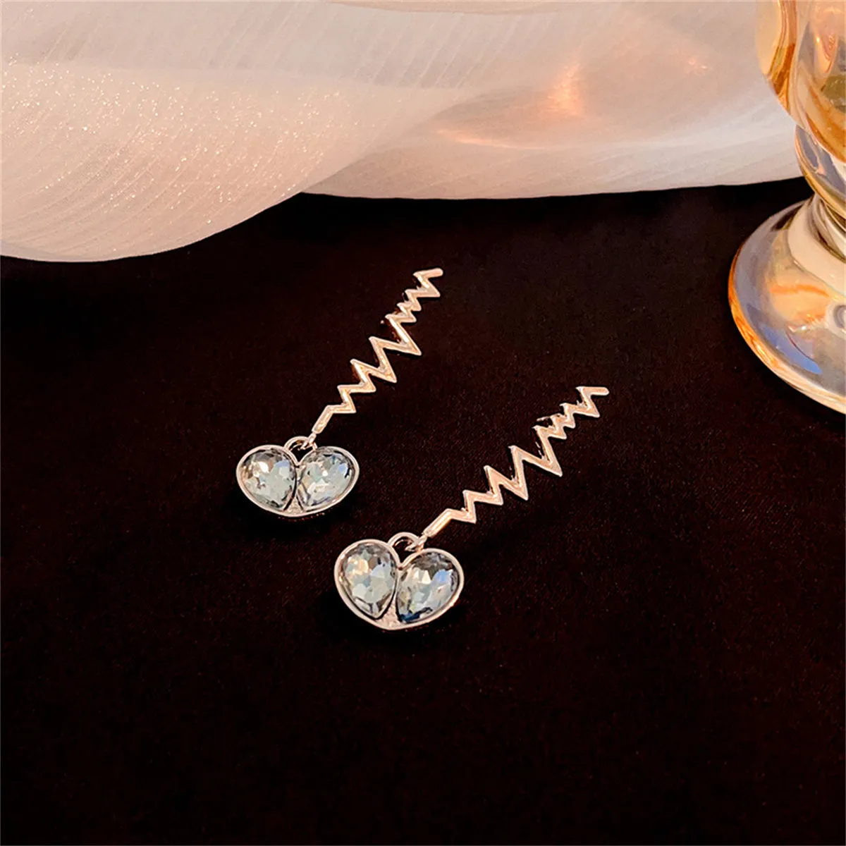 Blue Crystal & Silver-Plated Pulse Heartbeat Drop Earrings