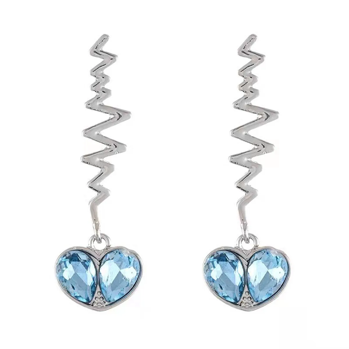 Blue Crystal & Silver-Plated Pulse Heartbeat Drop Earrings