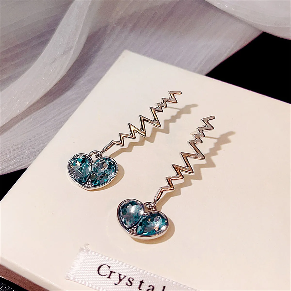 Blue Crystal & Silver-Plated Pulse Heartbeat Drop Earrings
