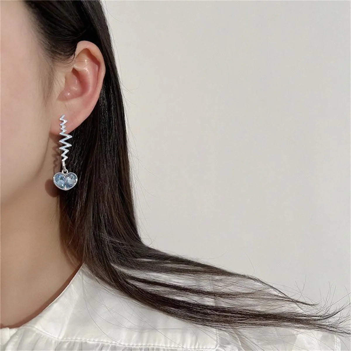 Blue Crystal & Silver-Plated Pulse Heartbeat Drop Earrings