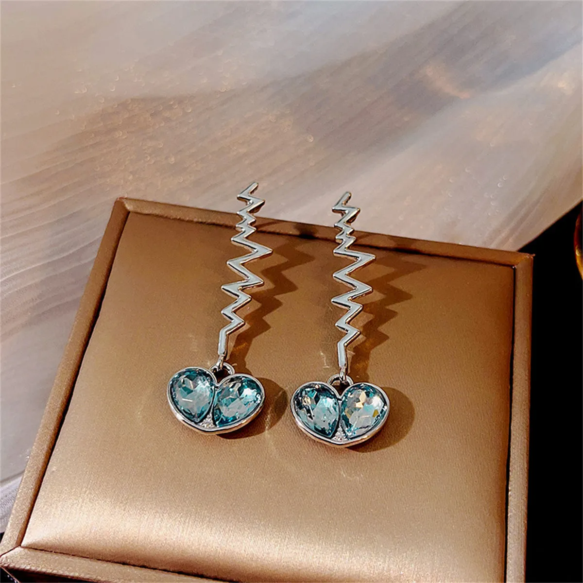 Blue Crystal & Silver-Plated Pulse Heartbeat Drop Earrings