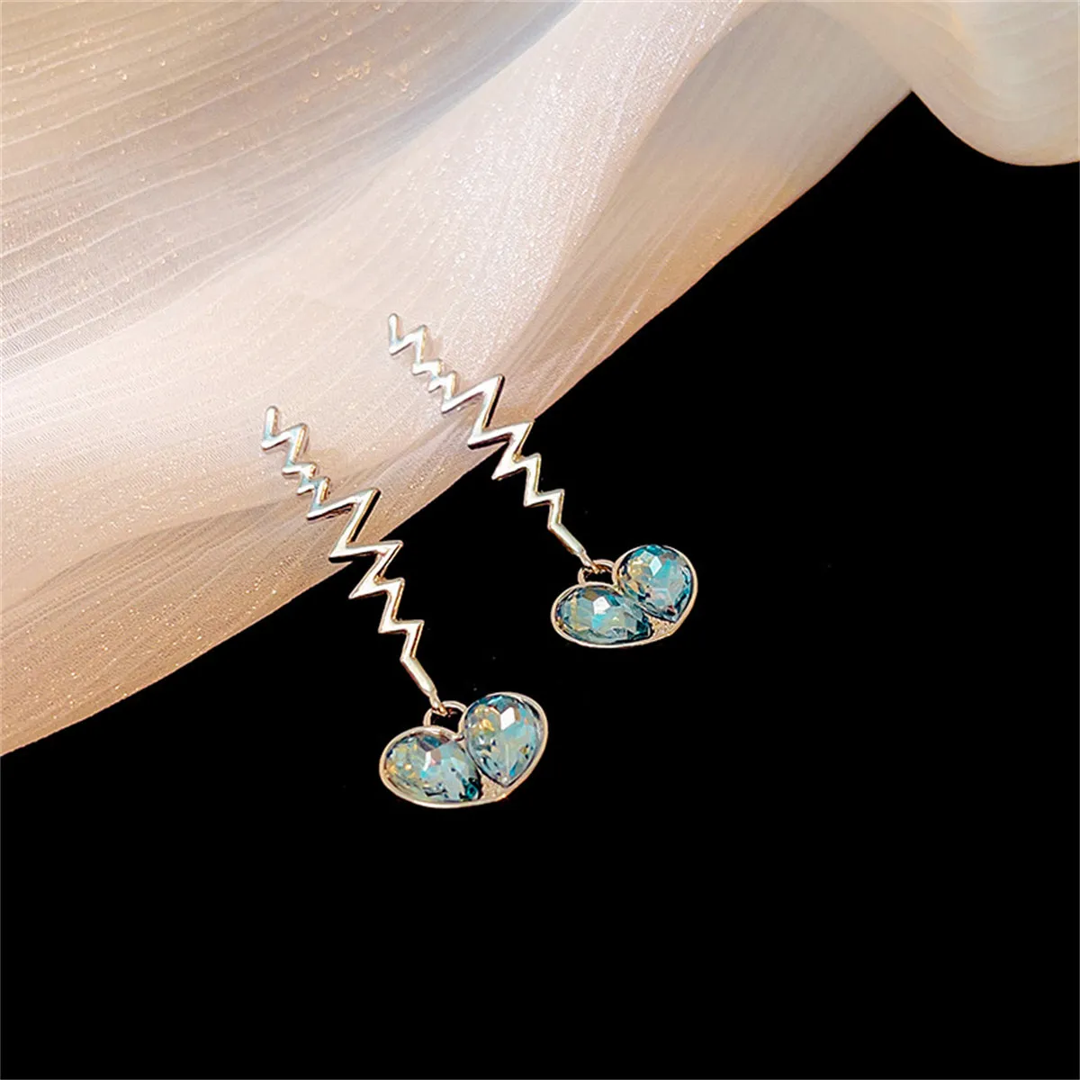 Blue Crystal & Silver-Plated Pulse Heartbeat Drop Earrings