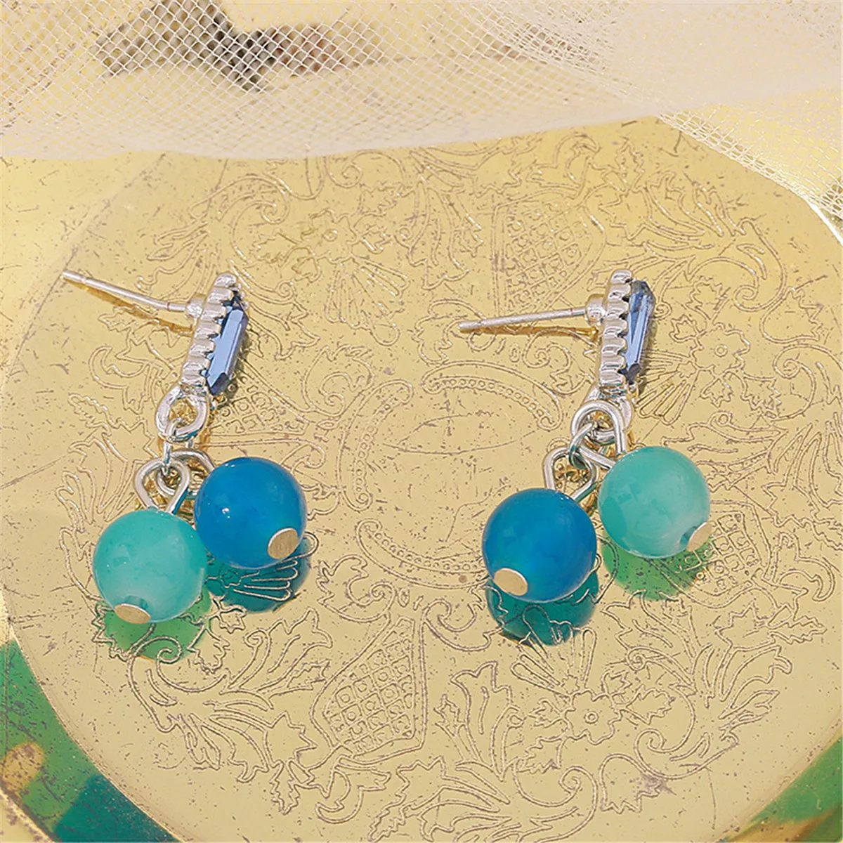 Blue Crystal & Sky Blue Bead Baguette Drop Earrings