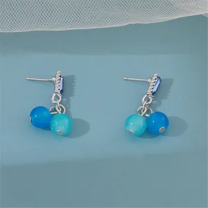 Blue Crystal & Sky Blue Bead Baguette Drop Earrings