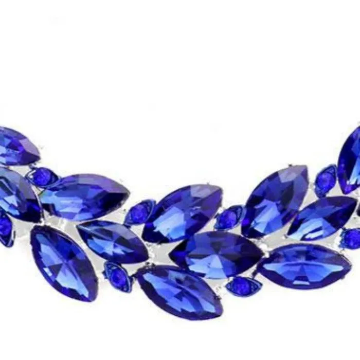 Blue Crystal Marquise Statement Vine Silver Necklace Set