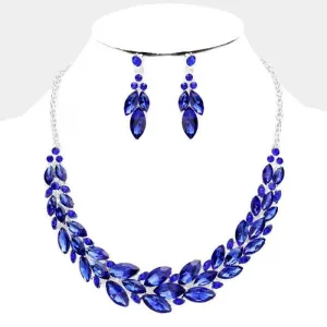 Blue Crystal Marquise Statement Vine Silver Necklace Set