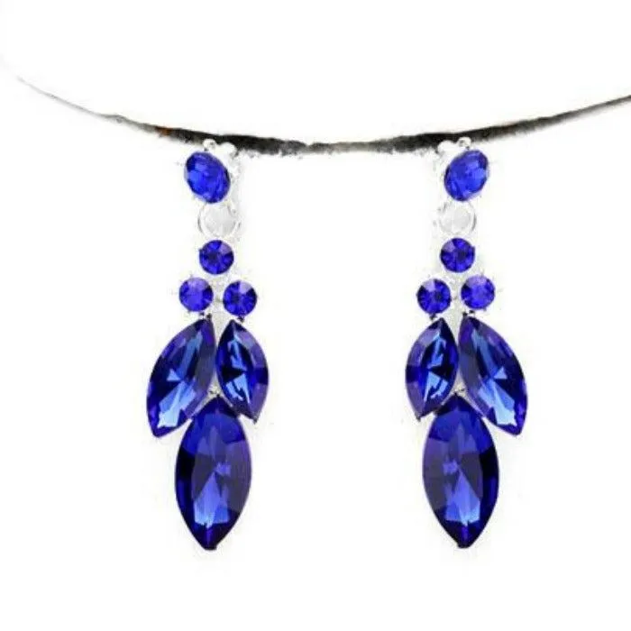 Blue Crystal Marquise Statement Vine Silver Necklace Set