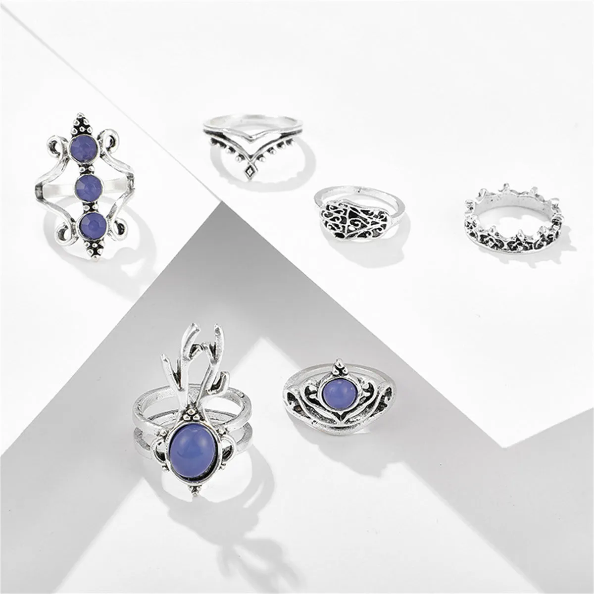 Blue Resin & Cubic Zirconia Silver-Plated Antler Crown Ring Set