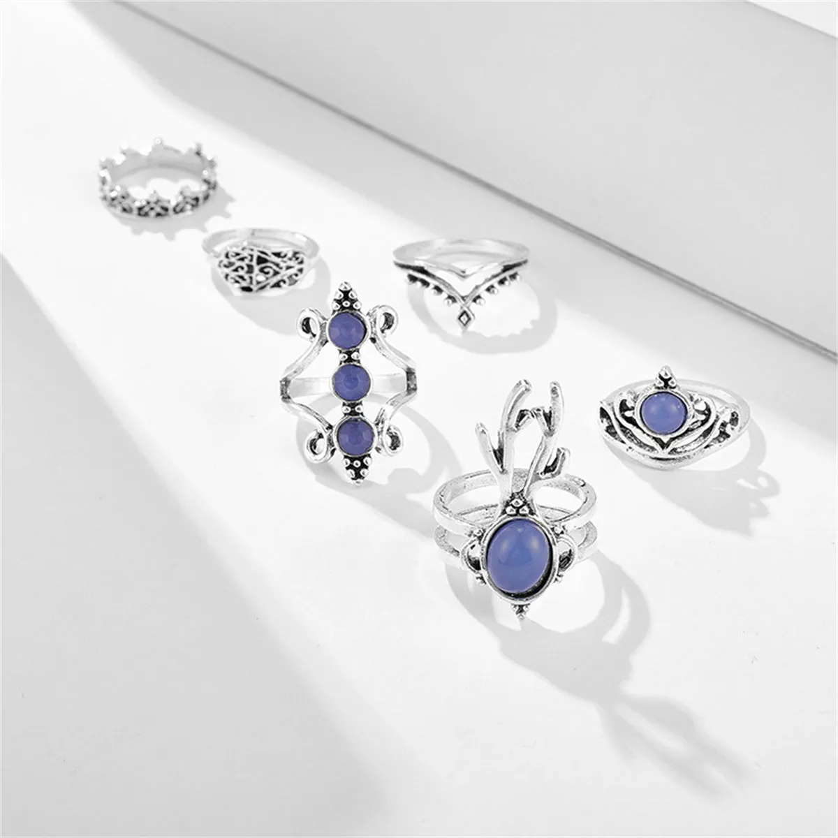 Blue Resin & Cubic Zirconia Silver-Plated Antler Crown Ring Set