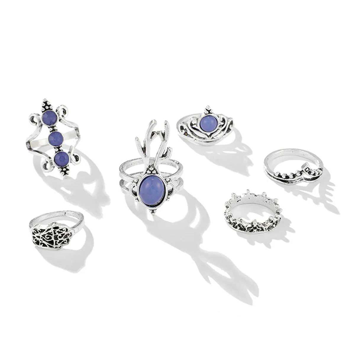Blue Resin & Cubic Zirconia Silver-Plated Antler Crown Ring Set