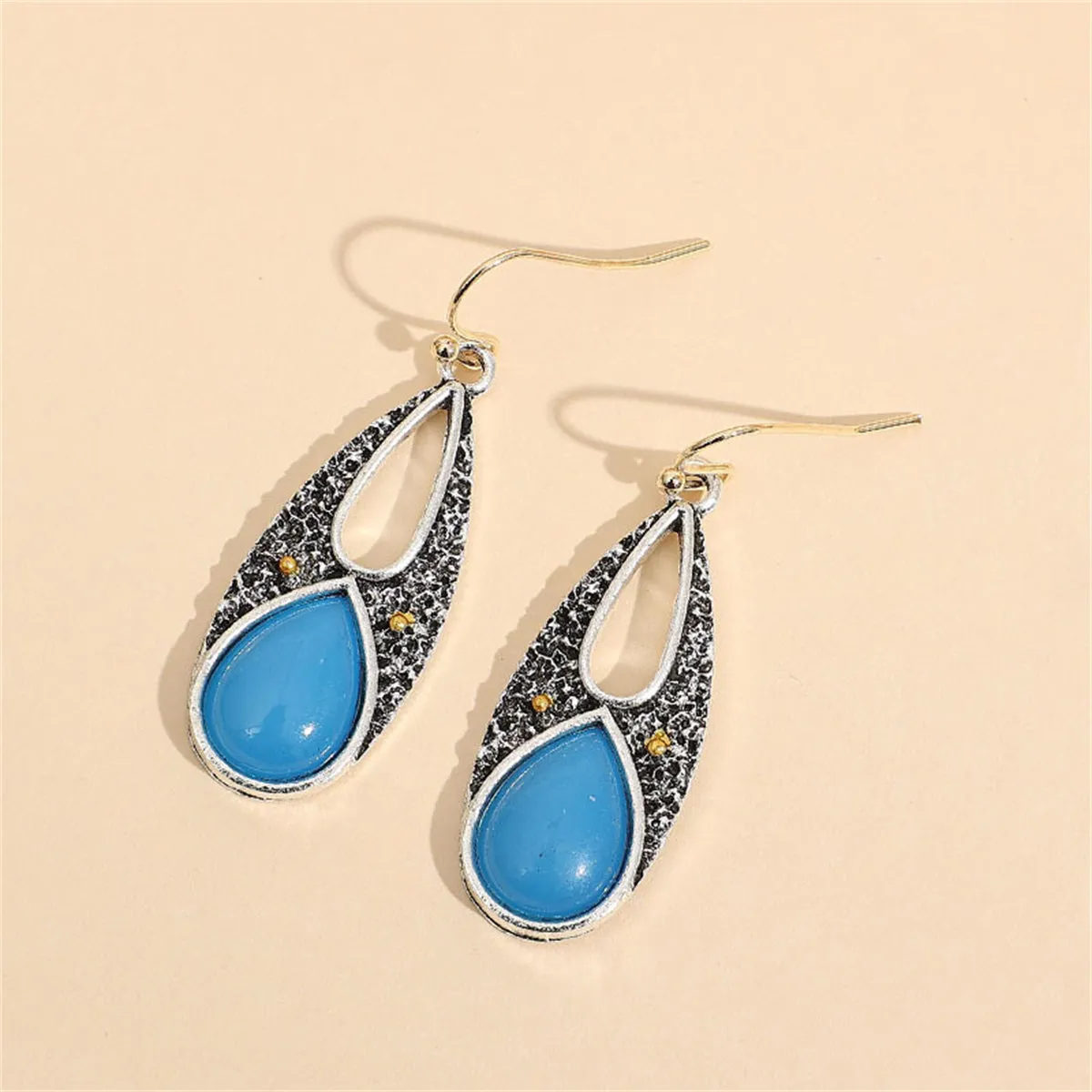 Blue Resin & Two-Tone Openwork Drop Earrings