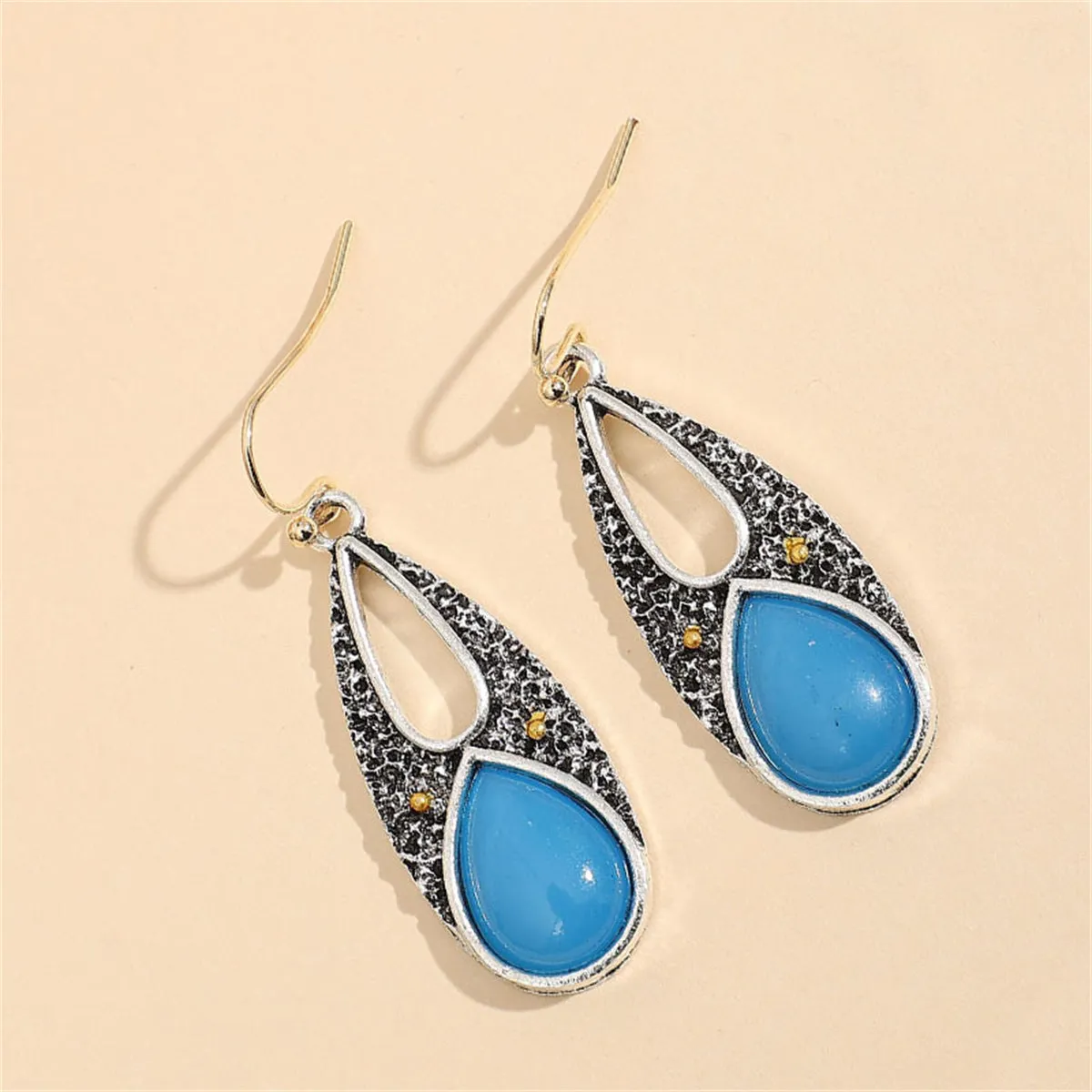 Blue Resin & Two-Tone Openwork Drop Earrings