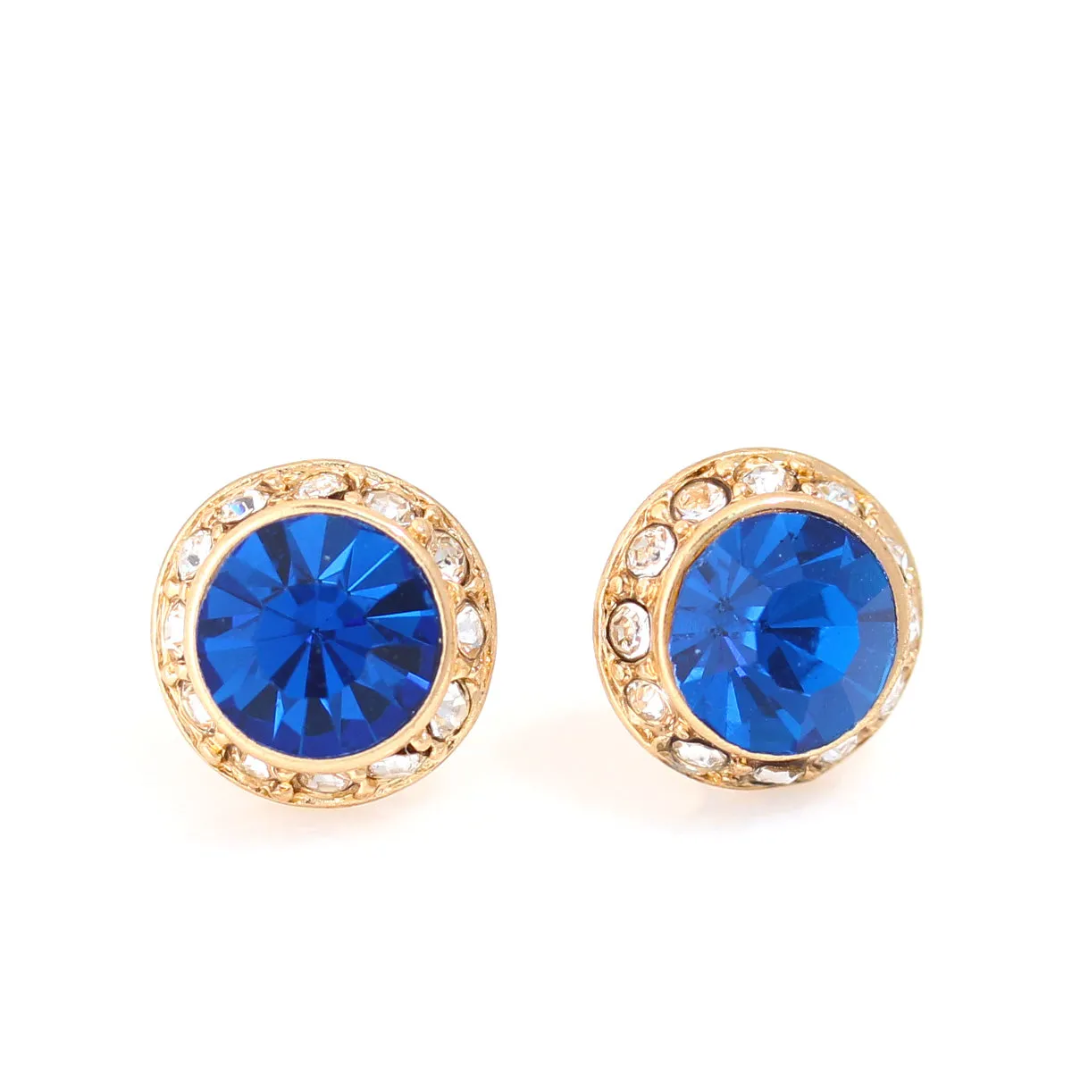 BLUE ROUND CRYSTAL AND RHINESTONE GOLD POST  EARRINGS #GFE2053GDCB (SC13)