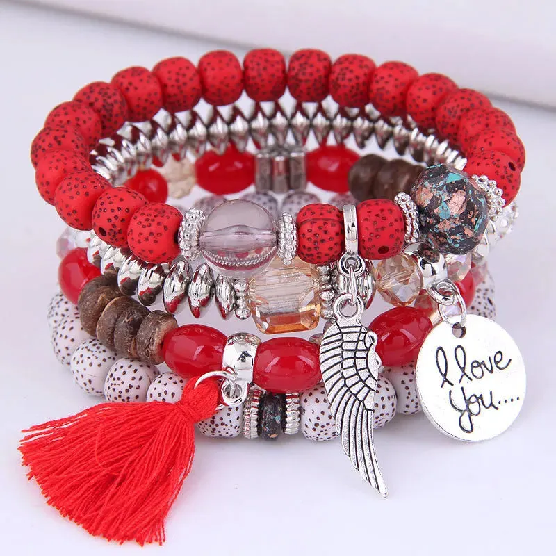 Bohemian Multicolor Pink Crystal Beads Bracelets Women Girls Elastic Tassel Wing Letters Rope Bracelet