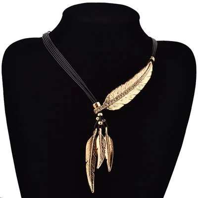 Bohemian Style Black Rope Chain Leaf Feather Pattern Pendant Necklace For Women Fine Jewelry Collares Statement Necklace