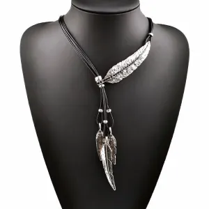 Bohemian Style Black Rope Chain Leaf Feather Pattern Pendant Necklace For Women Fine Jewelry Collares Statement Necklace